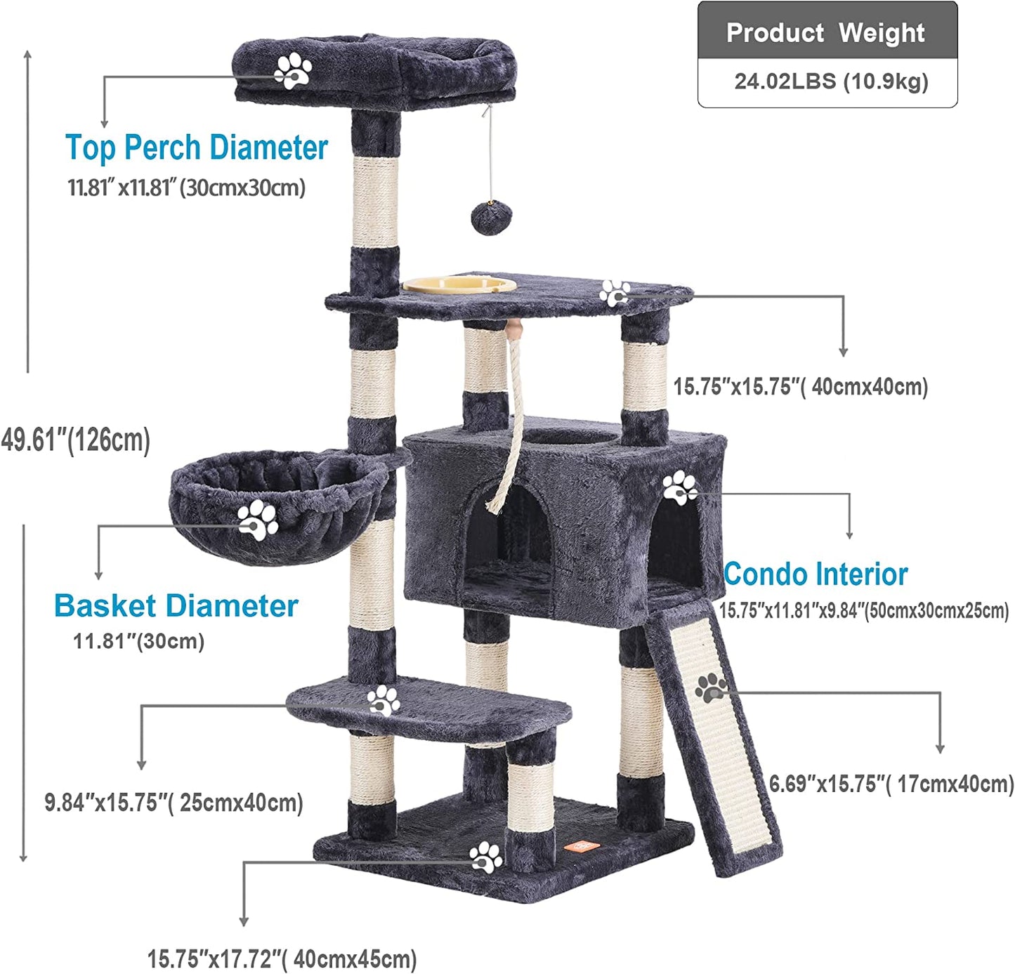 Cat Tree, Cat Tower for Indoor Cats with Scratching Board, Multi-Level Cat Furniture Condo with Feeding Bowl Smoky Gray