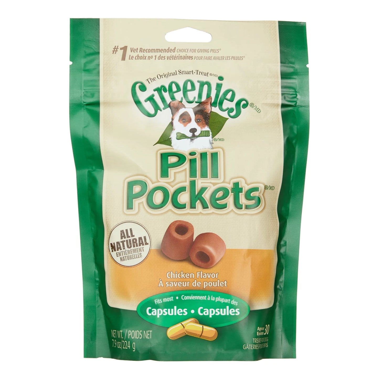 PILL POCKETS for Dogs Capsule Size Natural Soft Dog Treats, Chicken Flavor, 7.9 Oz. Pack (30 Treats)