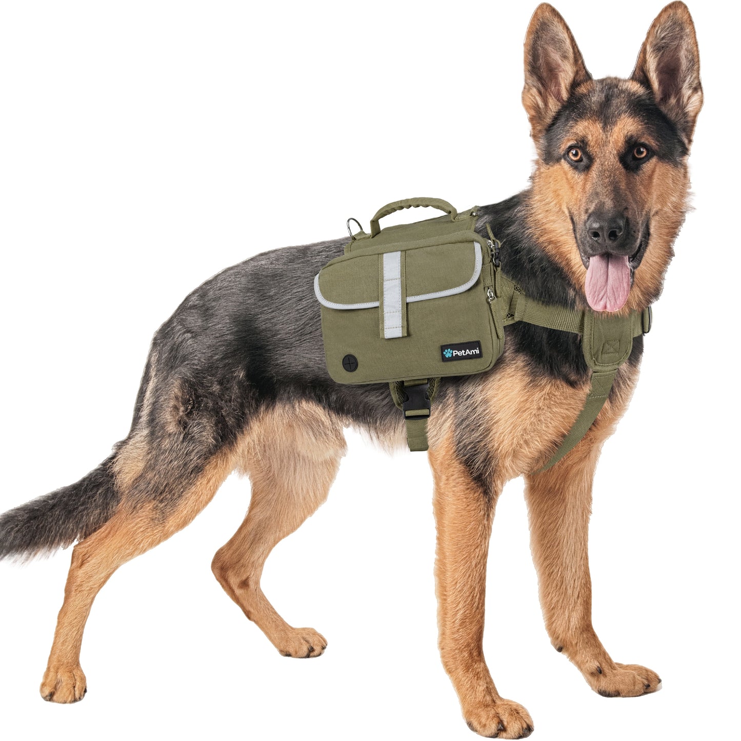 Dog Backpack for Medium Large Dogs, Dog Saddle Bag for Dogs to Wear, Harness Saddlebag with Reflective Safety Side Pockets Hiking Camping, Vest Dog Pack for Travel (Olive Green, Large)