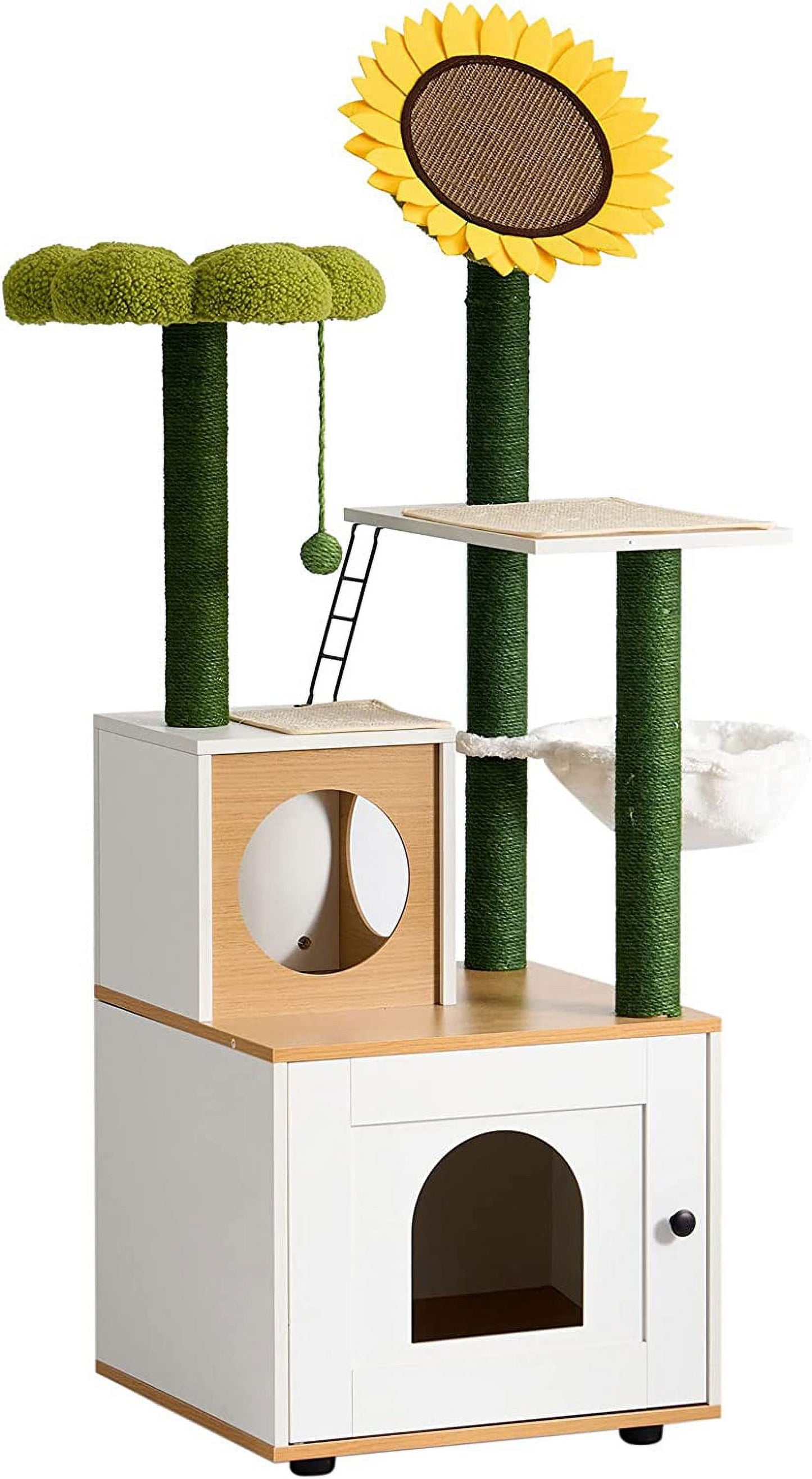 Cat Tree with Cat Condo, 60" Cat Tower with Cactus Sisal Scratching Post, Soft Hammock, Fun Cat Ball, Cat Litter Box Enclosure