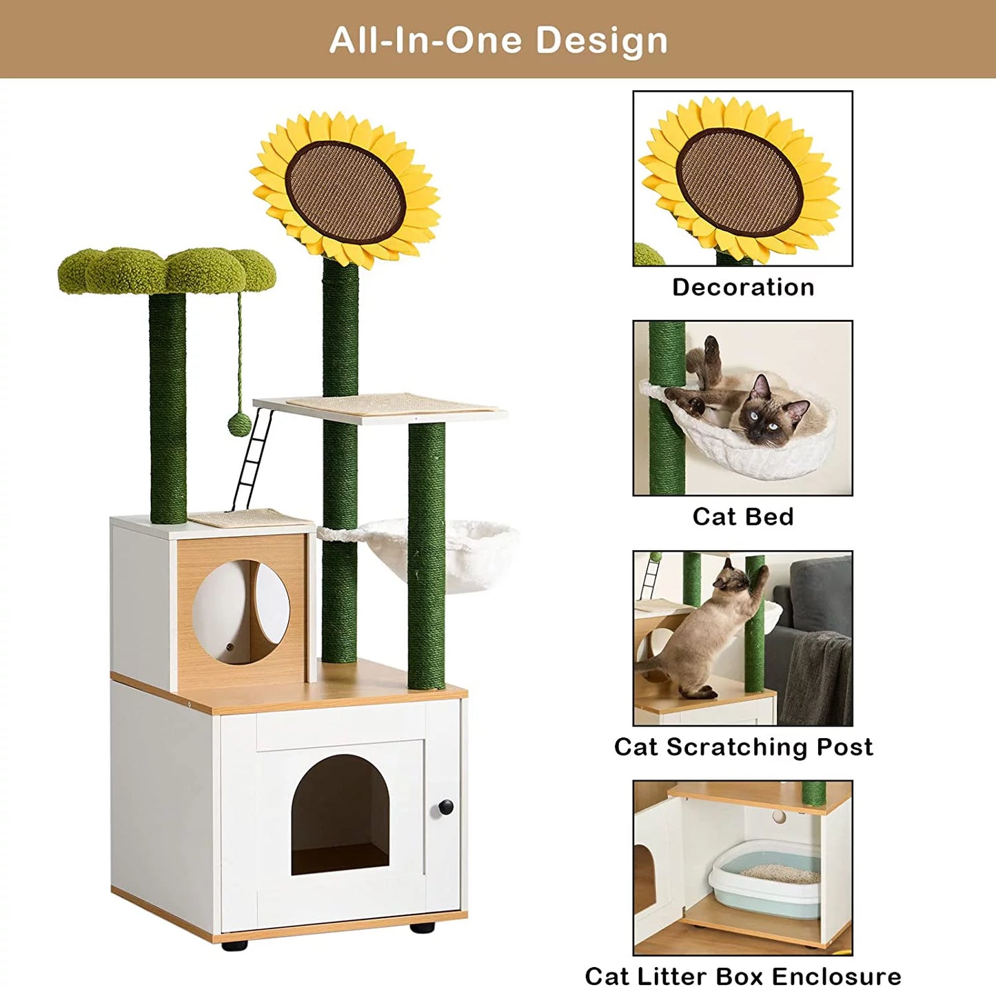 Cat Tree with Cat Condo, 60" Cat Tower with Cactus Sisal Scratching Post, Soft Hammock, Fun Cat Ball, Cat Litter Box Enclosure