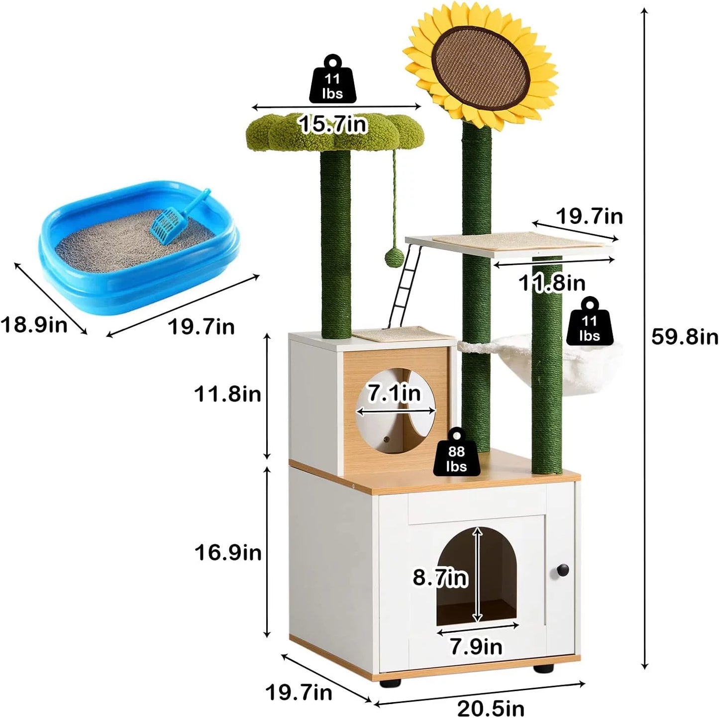Cat Tree with Cat Condo, 60" Cat Tower with Cactus Sisal Scratching Post, Soft Hammock, Fun Cat Ball, Cat Litter Box Enclosure