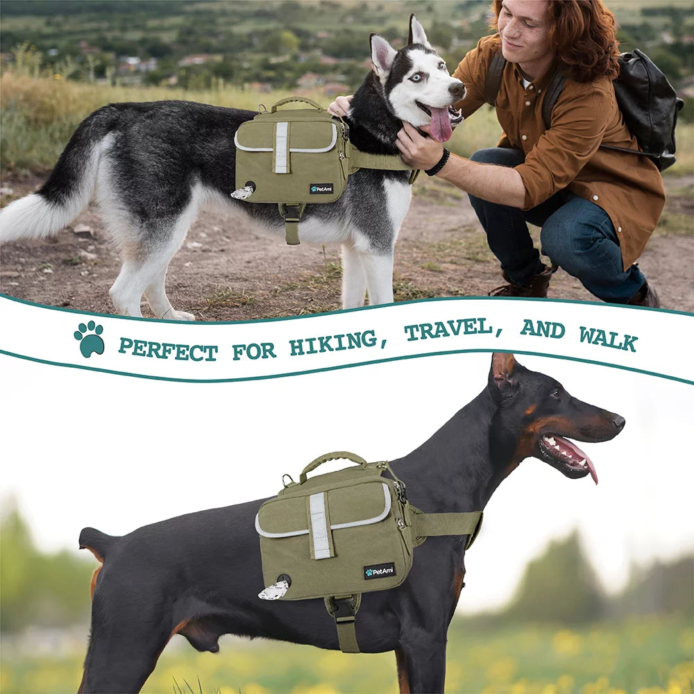 Dog Backpack for Medium Large Dogs, Dog Saddle Bag for Dogs to Wear, Harness Saddlebag with Reflective Safety Side Pockets Hiking Camping, Vest Dog Pack for Travel (Olive Green, Large)
