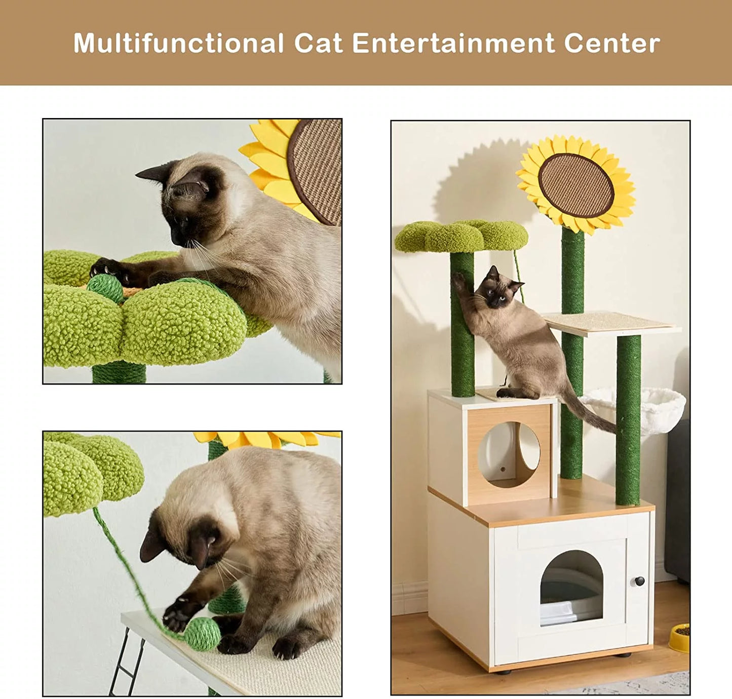 Cat Tree with Cat Condo, 60" Cat Tower with Cactus Sisal Scratching Post, Soft Hammock, Fun Cat Ball, Cat Litter Box Enclosure