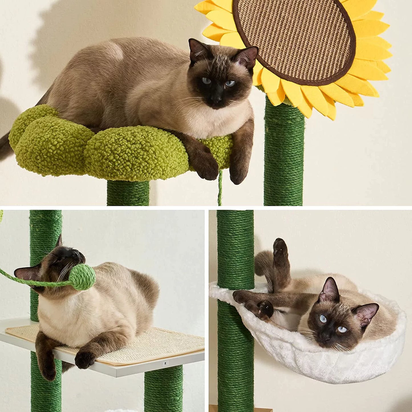 Cat Tree with Cat Condo, 60" Cat Tower with Cactus Sisal Scratching Post, Soft Hammock, Fun Cat Ball, Cat Litter Box Enclosure