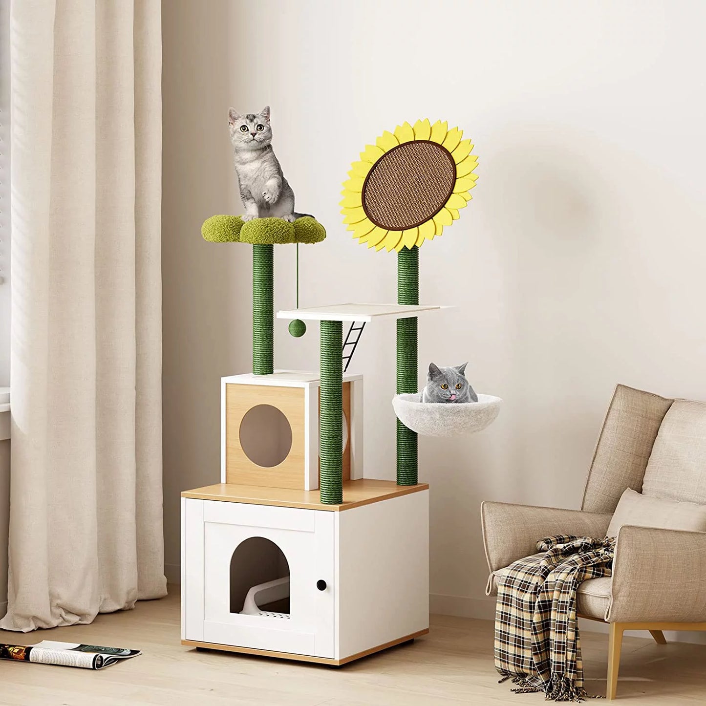Cat Tree with Cat Condo, 60" Cat Tower with Cactus Sisal Scratching Post, Soft Hammock, Fun Cat Ball, Cat Litter Box Enclosure