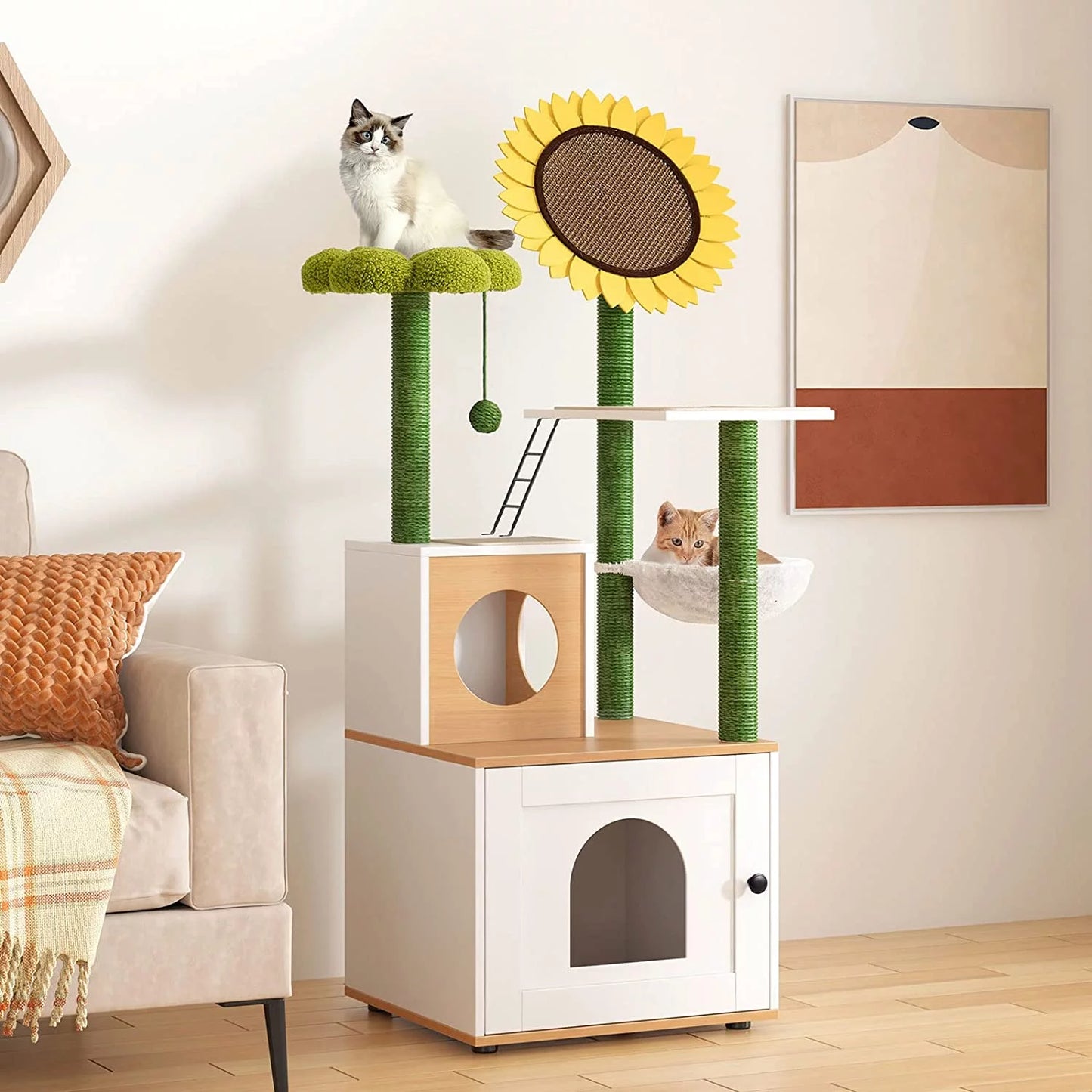Cat Tree with Cat Condo, 60" Cat Tower with Cactus Sisal Scratching Post, Soft Hammock, Fun Cat Ball, Cat Litter Box Enclosure