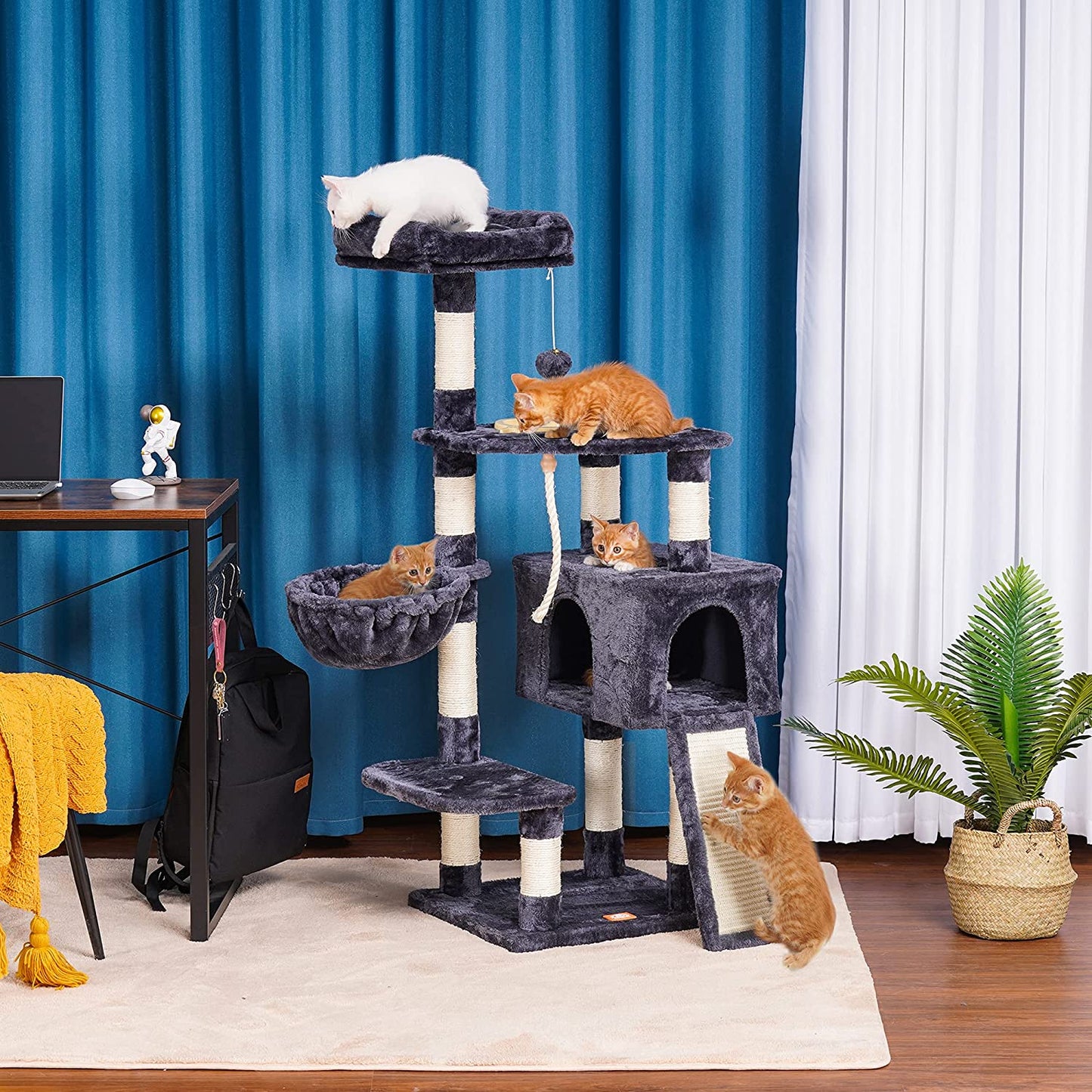 Cat Tree, Cat Tower for Indoor Cats with Scratching Board, Multi-Level Cat Furniture Condo with Feeding Bowl Smoky Gray