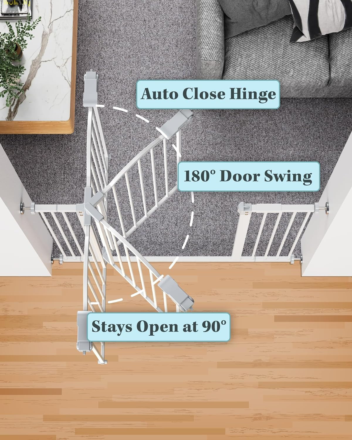 29-39.6" Baby Gate for Pets, Auto Close Both Sides with One-Hand Opening, 30" Tall Safety Gates for Stairs, Hallways, Bedrooms, Wall Pressure Mount No Drill, White