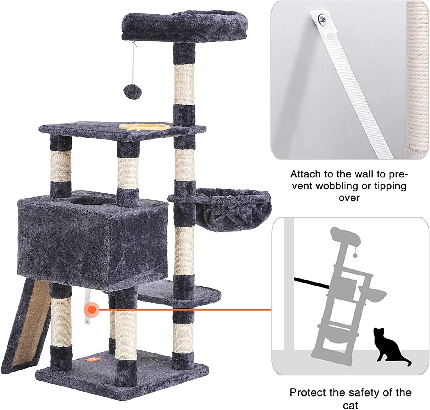 Cat Tree, Cat Tower for Indoor Cats with Scratching Board, Multi-Level Cat Furniture Condo with Feeding Bowl Smoky Gray