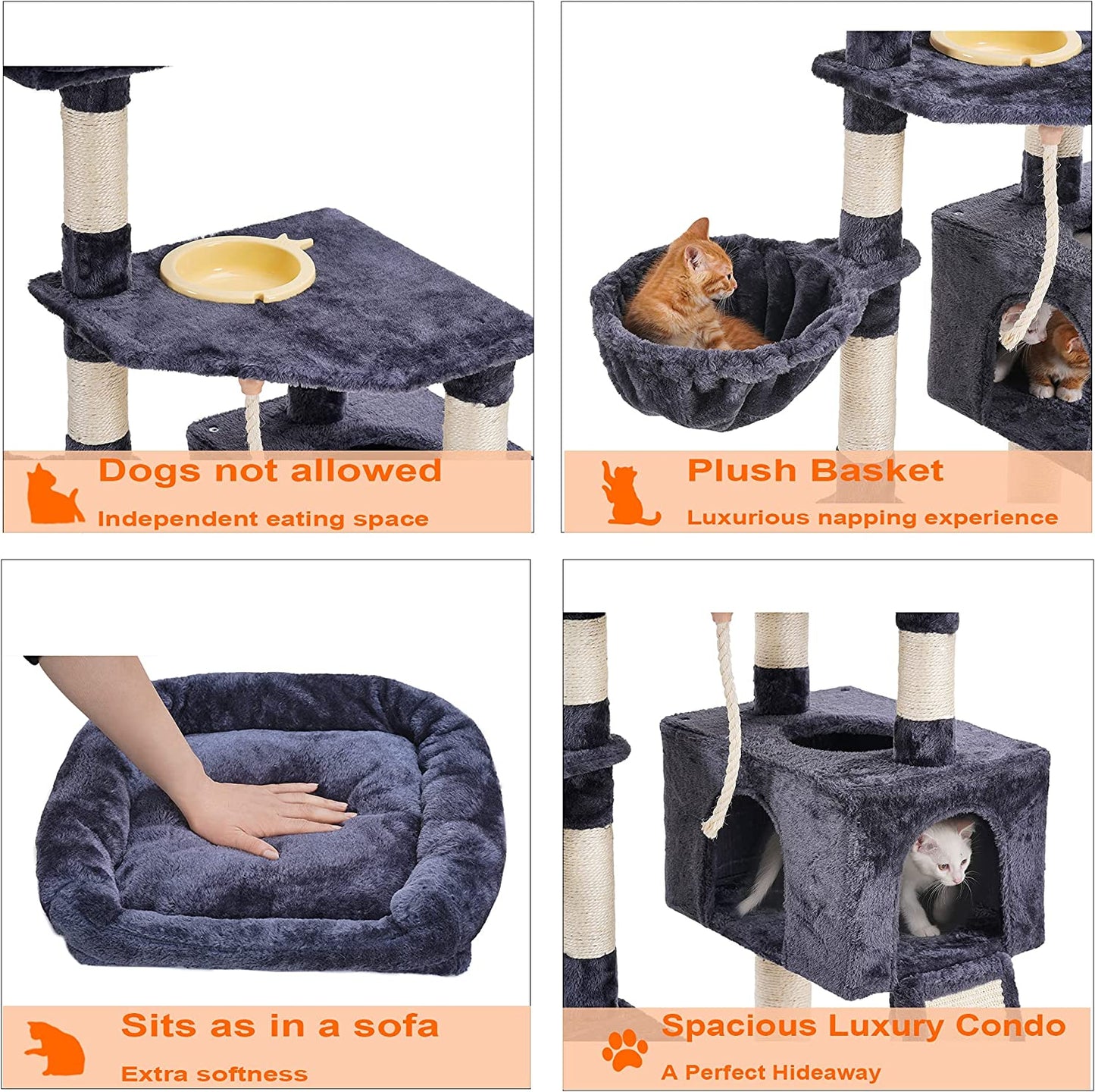 Cat Tree, Cat Tower for Indoor Cats with Scratching Board, Multi-Level Cat Furniture Condo with Feeding Bowl Smoky Gray