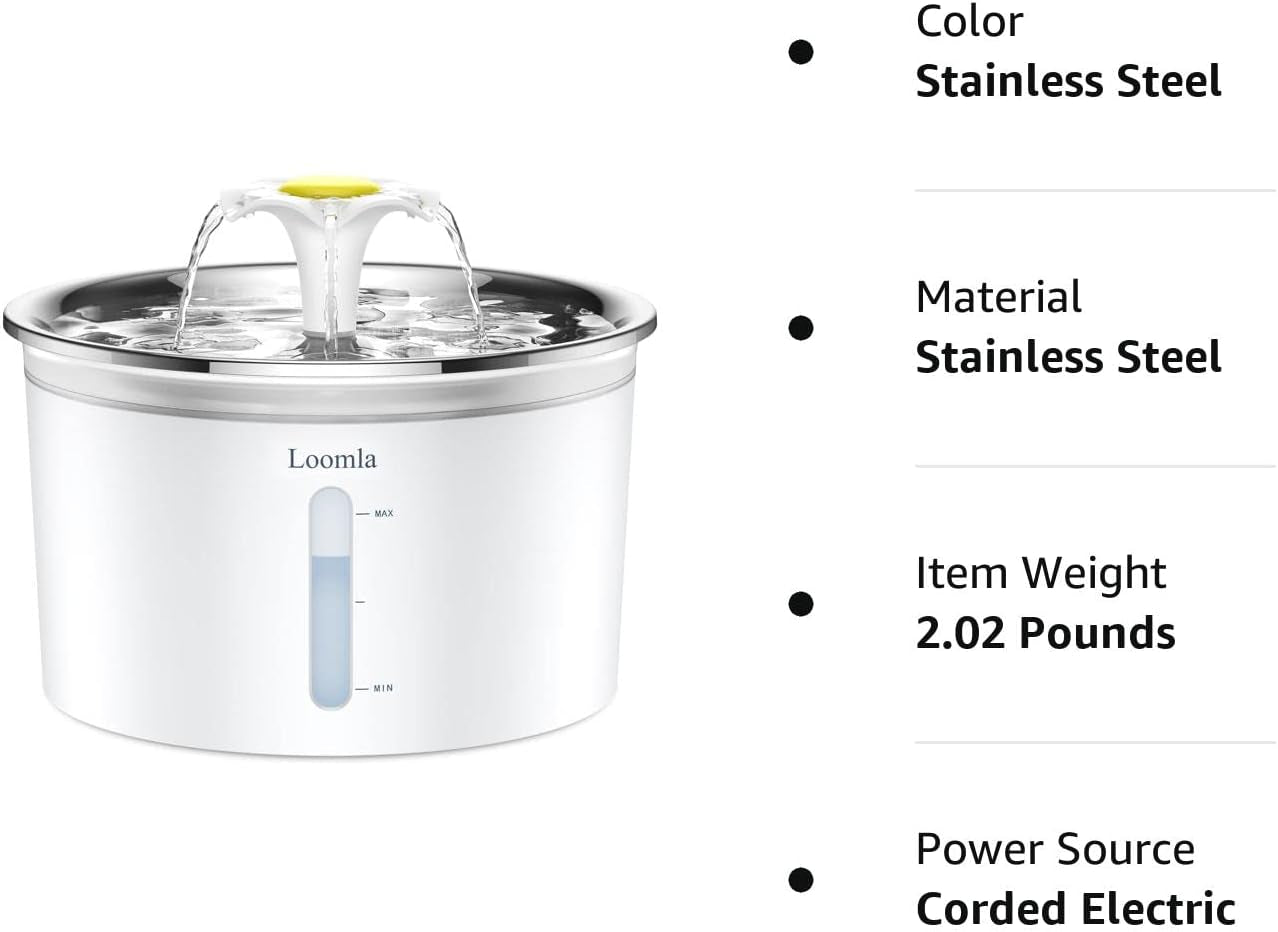 Cat Water Fountain, 85Oz/2.5L Pet Water Fountain Indoor, Automatic Dog Water Dispenser with Switchable LED Lights, 2 Replacement Filters for Cats, Dogs, Pets(Stainless Steel)