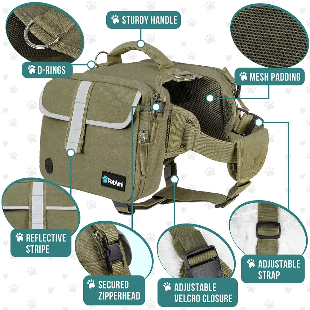 Dog Backpack for Medium Large Dogs, Dog Saddle Bag for Dogs to Wear, Harness Saddlebag with Reflective Safety Side Pockets Hiking Camping, Vest Dog Pack for Travel (Olive Green, Large)