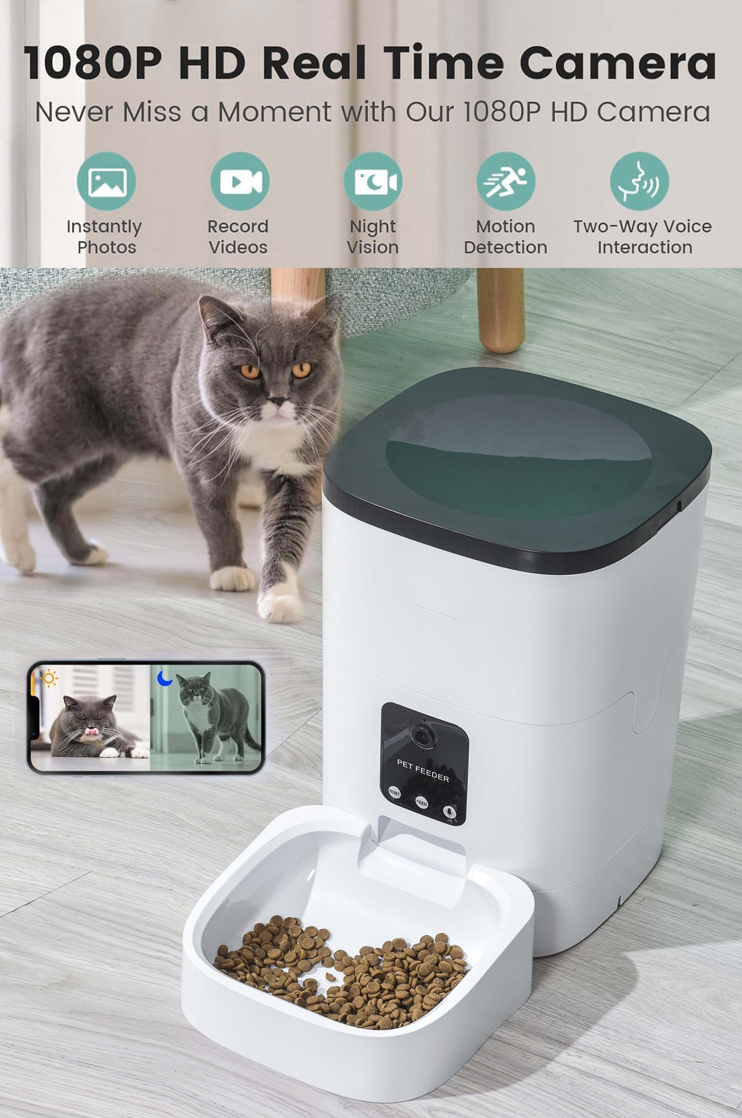 Pet Feeder,6L Automatic Pet Feeder for Cats and Dogs,1080P Camera,App Control,Voice Recorder,Timed Feeder, Dual Power Supply