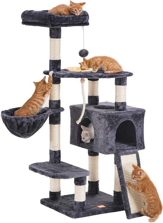 Cat Tree, Cat Tower for Indoor Cats with Scratching Board, Multi-Level Cat Furniture Condo with Feeding Bowl Smoky Gray 