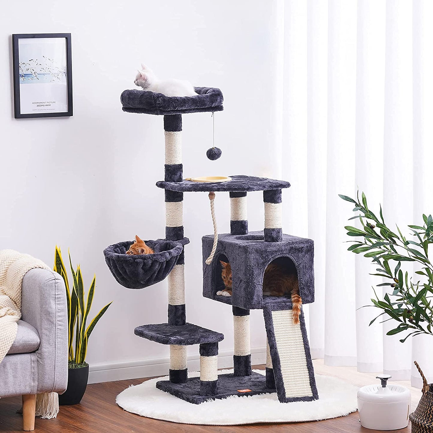 Cat Tree, Cat Tower for Indoor Cats with Scratching Board, Multi-Level Cat Furniture Condo with Feeding Bowl Smoky Gray 
