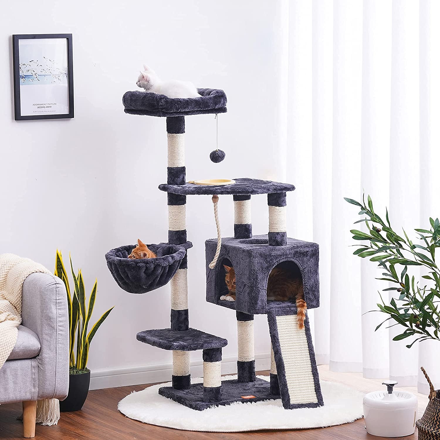 Cat Tree, Cat Tower for Indoor Cats with Scratching Board, Multi-Level Cat Furniture Condo with Feeding Bowl Smoky Gray 