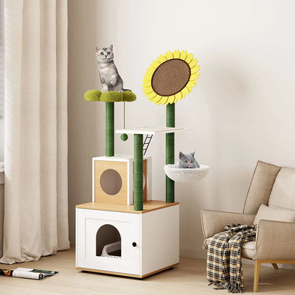 Cat Tree with Cat Condo, 60" Cat Tower with Cactus Sisal Scratching Post, Soft Hammock, Fun Cat Ball, Cat Litter Box Enclosure