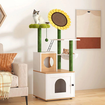 Cat Tree with Cat Condo, 60" Cat Tower with Cactus Sisal Scratching Post, Soft Hammock, Fun Cat Ball, Cat Litter Box Enclosure
