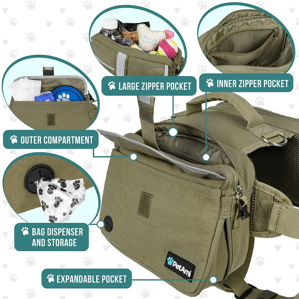 Dog Backpack for Medium Large Dogs, Dog Saddle Bag for Dogs to Wear, Harness Saddlebag with Reflective Safety Side Pockets Hiking Camping, Vest Dog Pack for Travel (Olive Green, Large)