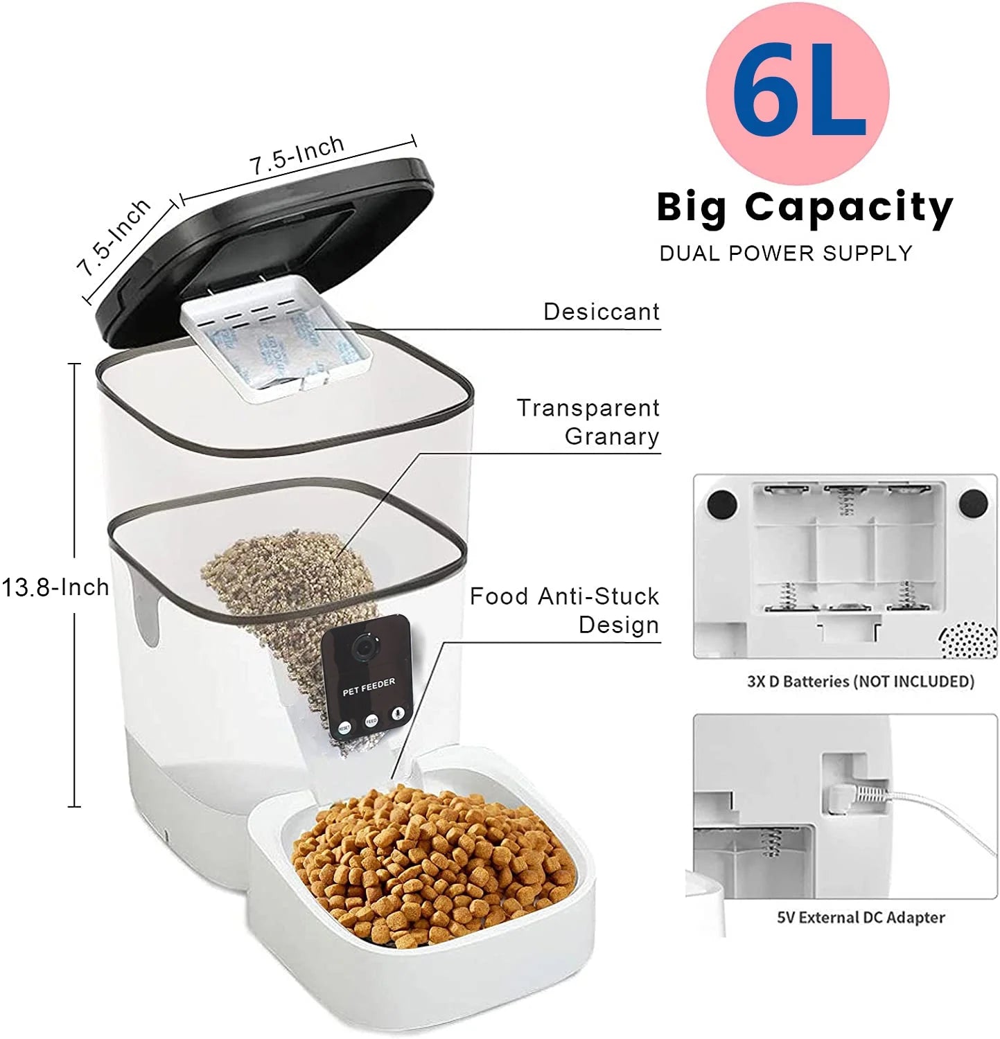 Pet Feeder,6L Automatic Pet Feeder for Cats and Dogs,1080P Camera,App Control,Voice Recorder,Timed Feeder, Dual Power Supply