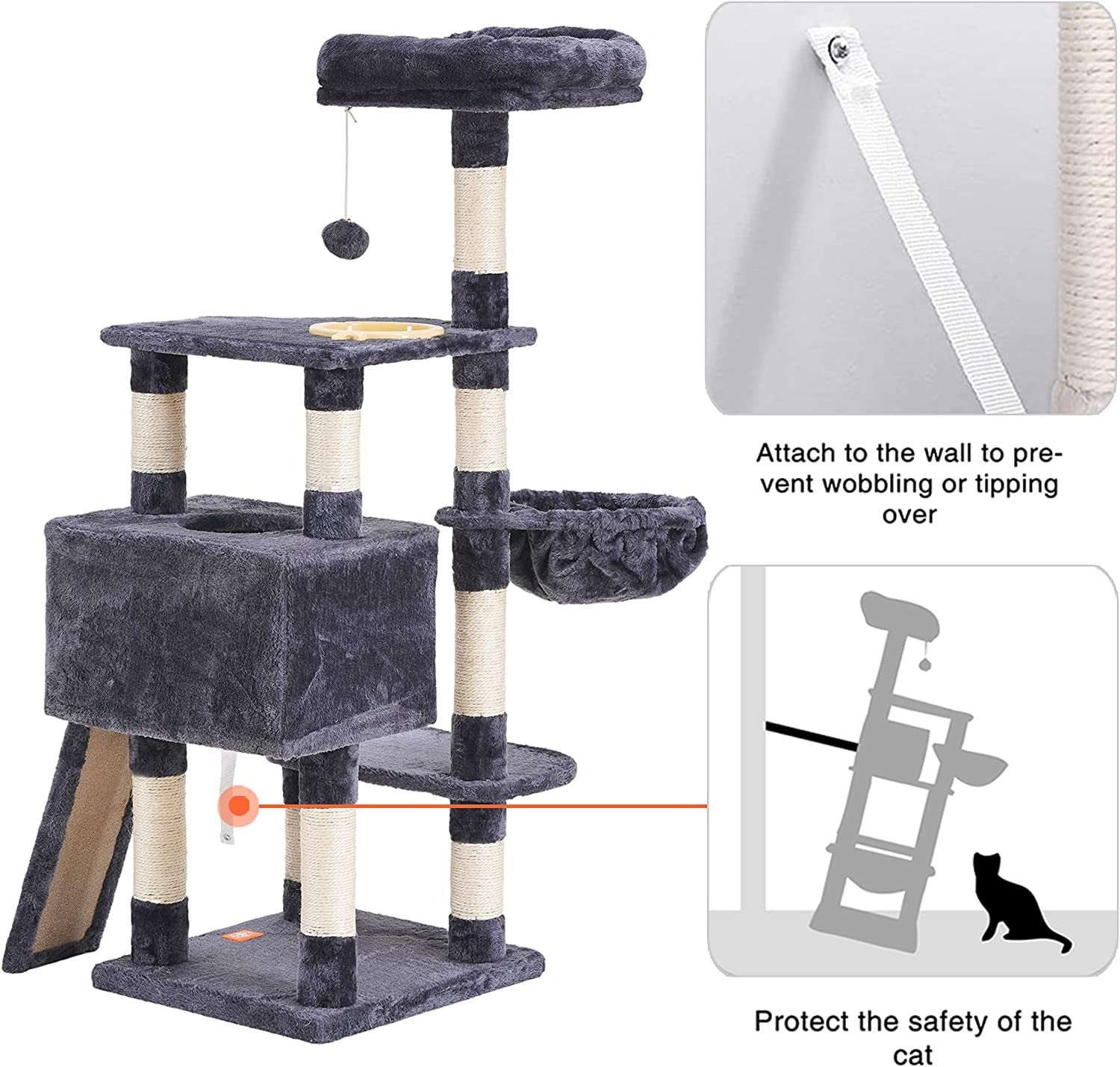 Cat Tree, Cat Tower for Indoor Cats with Scratching Board, Multi-Level Cat Furniture Condo with Feeding Bowl Smoky Gray 