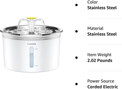 Cat Water Fountain, 85Oz/2.5L Pet Water Fountain Indoor, Automatic Dog Water Dispenser with Switchable LED Lights, 2 Replacement Filters for Cats, Dogs, Pets（Stainless Steel）
