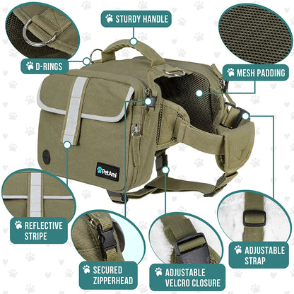 Dog Backpack for Medium Large Dogs, Dog Saddle Bag for Dogs to Wear, Harness Saddlebag with Reflective Safety Side Pockets Hiking Camping, Vest Dog Pack for Travel (Olive Green, Large)